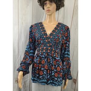 Suzanne Betro Signature By Minni Di XL Floral Tunic Top Long Sleeve Attach Belts